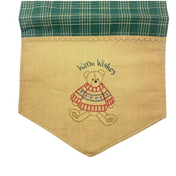 Vintage table runner for side table that reads “Warm Wishes” w teddy bear design - Picture 14 of 16